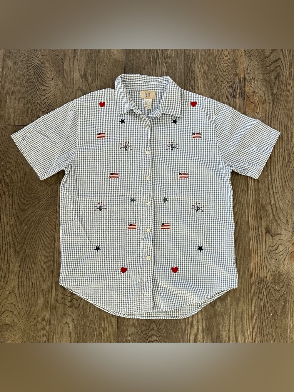 Vintage TEDDI Seersucker Gingham Print Americana Embroidered Button Up Shirt S